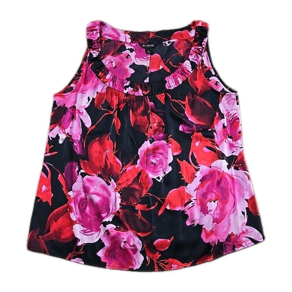 St. John Silk Blouse Sleeveless Tank Roses Scoop Neck Red Black Pink - Medium